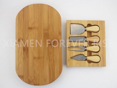 Oval Bamboo Cheese Chopping Board With 4 Piece Knife Hidden Drawer Set